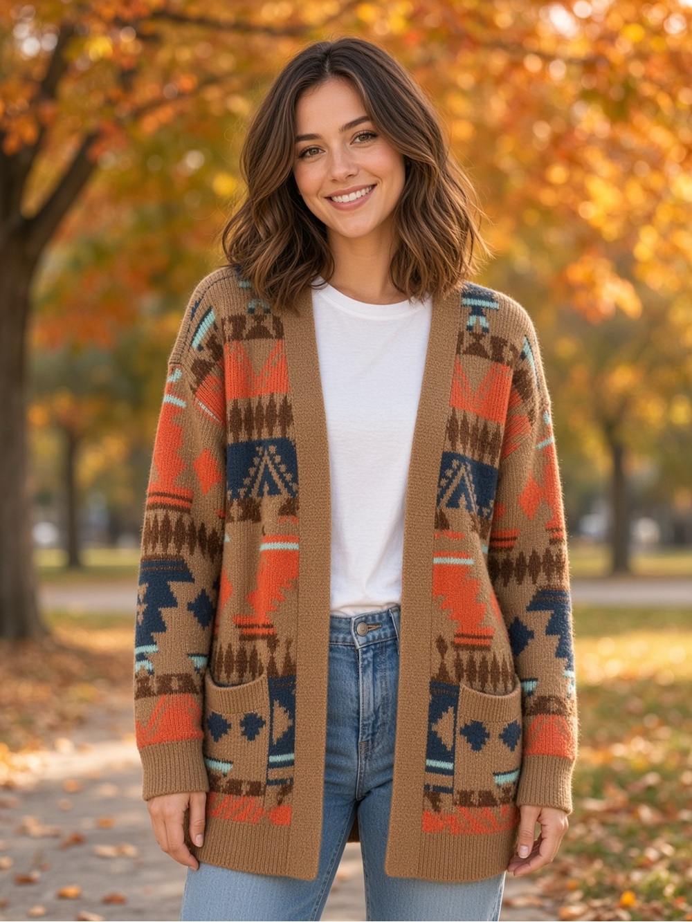 Lucky Brand Cozy Tan Aztec Open Cardigan with Orange & Navy Accents